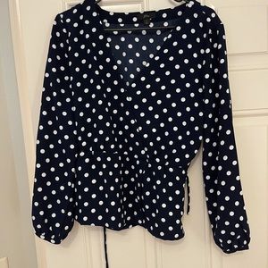 Navy blue polka dot j crew wrap blouse